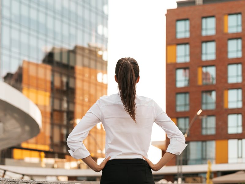 Rear view of businesswoman looking business buildings